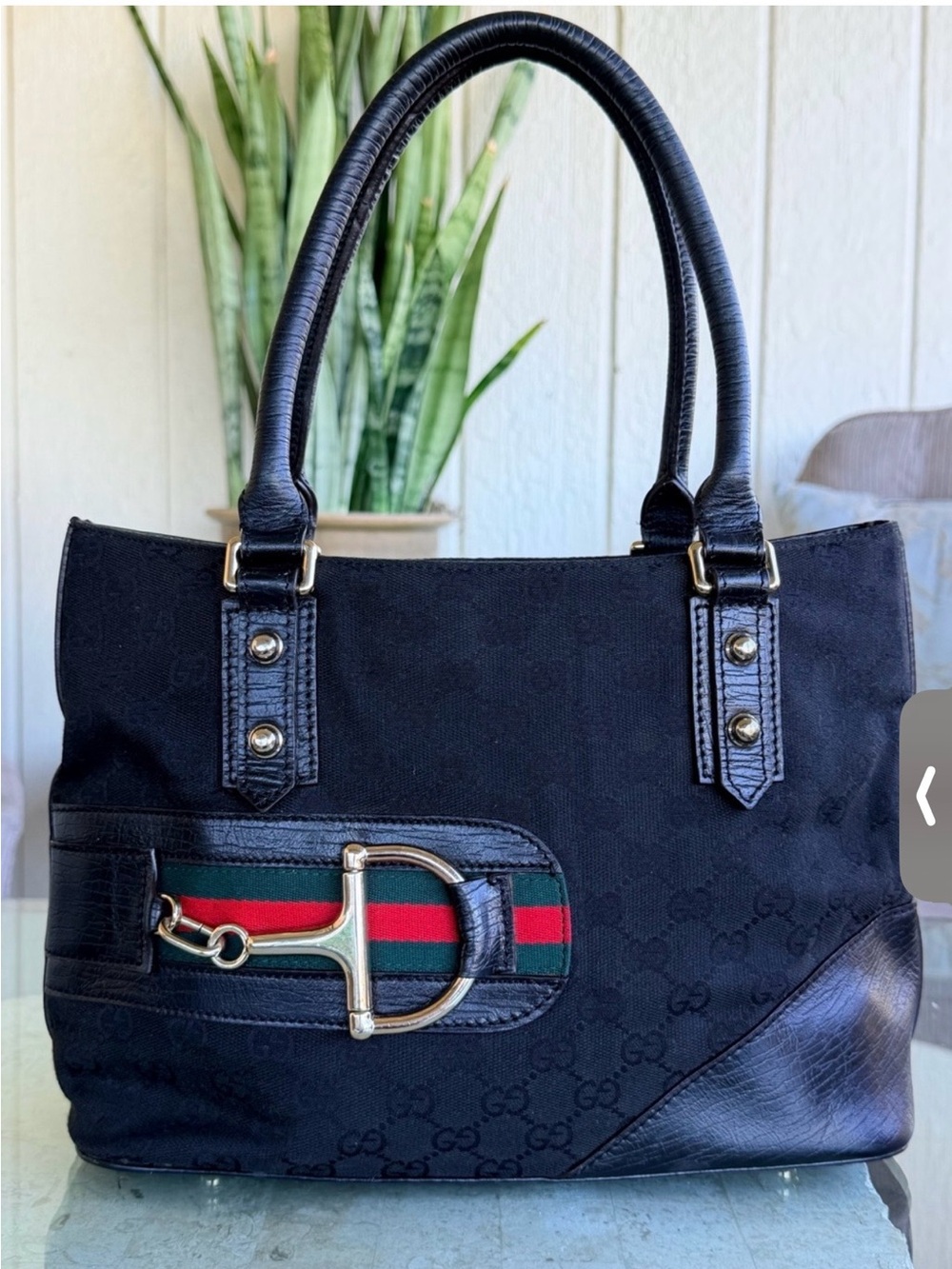 Gucci Black Canvas & Leather Shoulder Bag with Web Accent